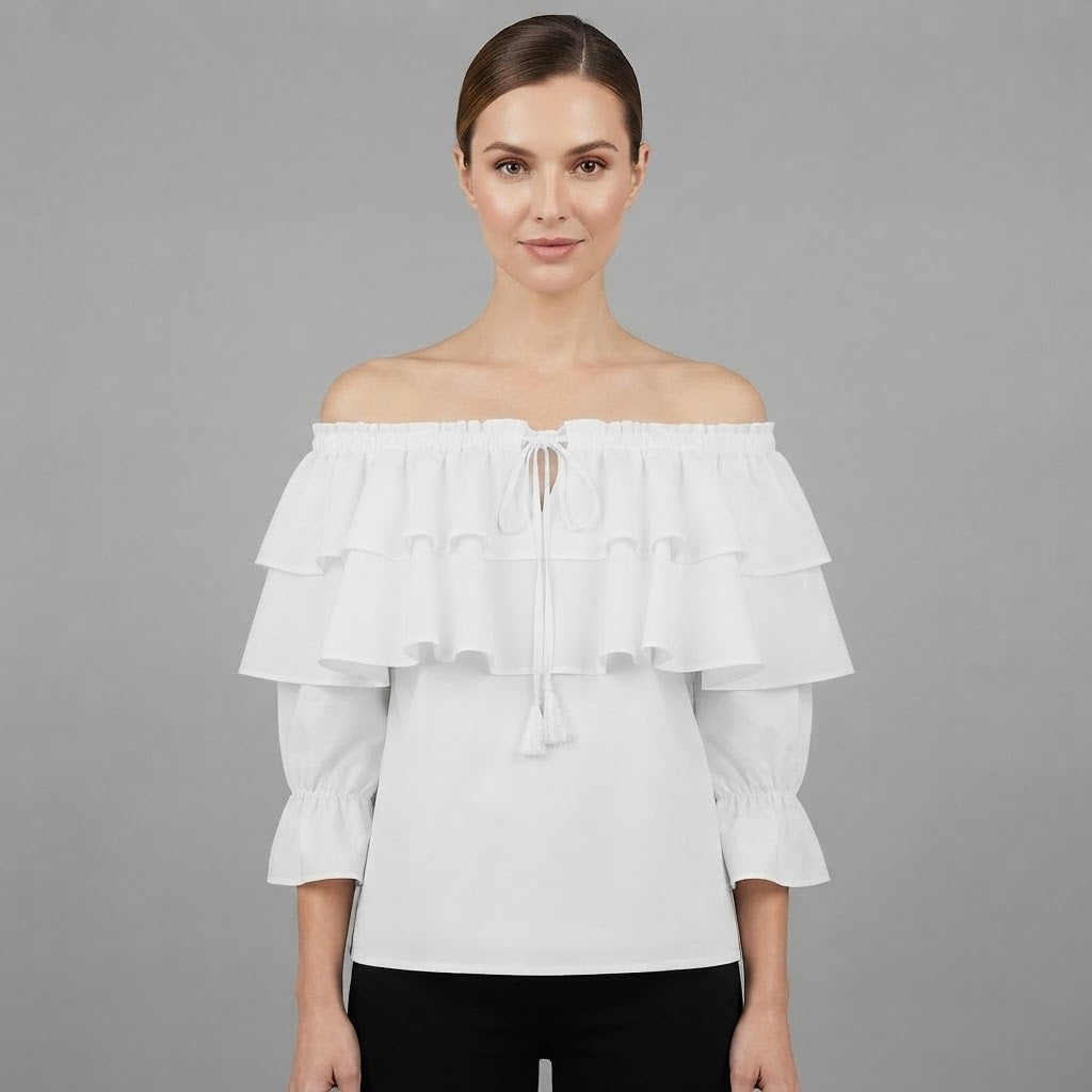 Camicetta a spalle scoperte con volant | Top da donna a maniche lunghe