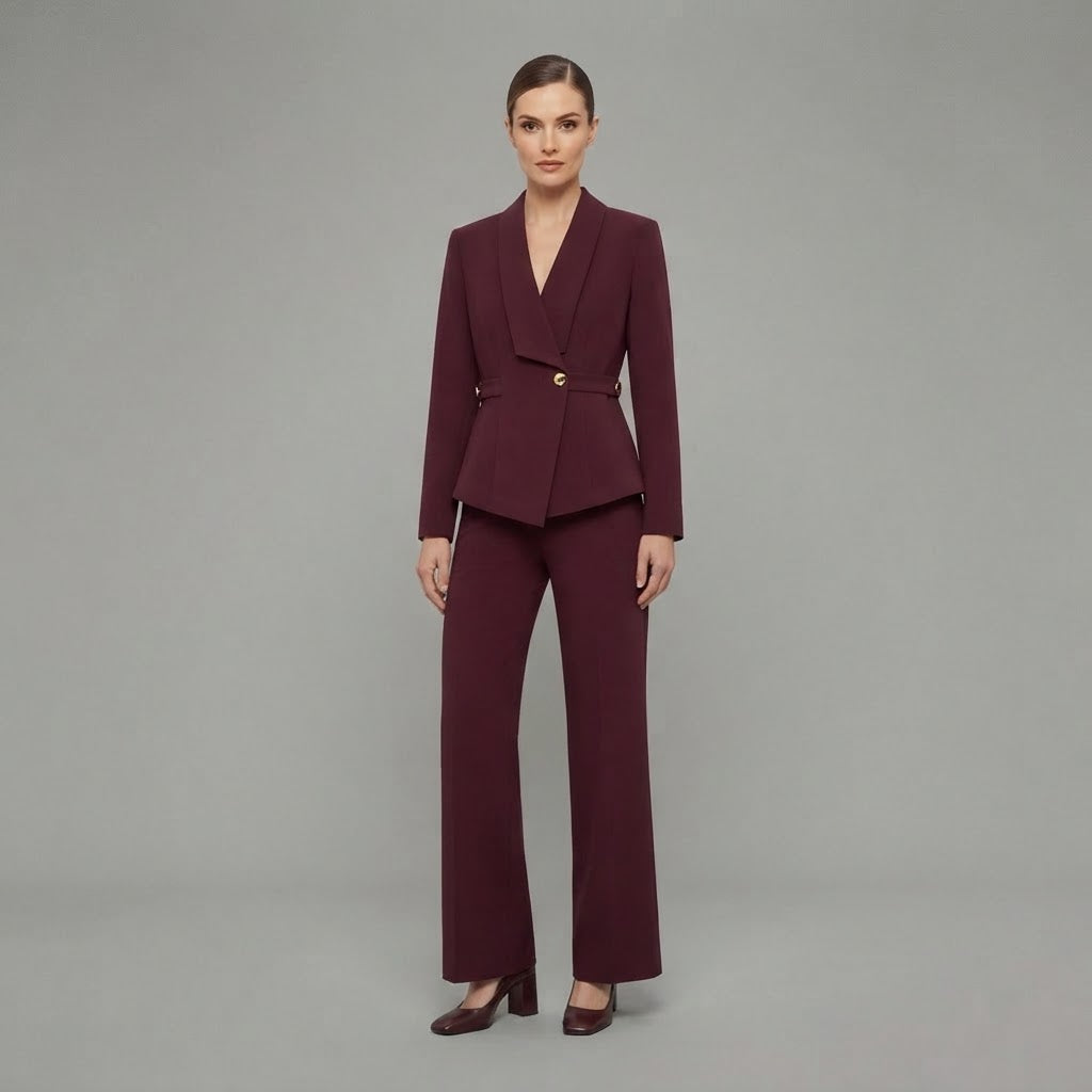 Completo da donna: top a maniche lunghe con scollo a V e pantaloni a gamba larga